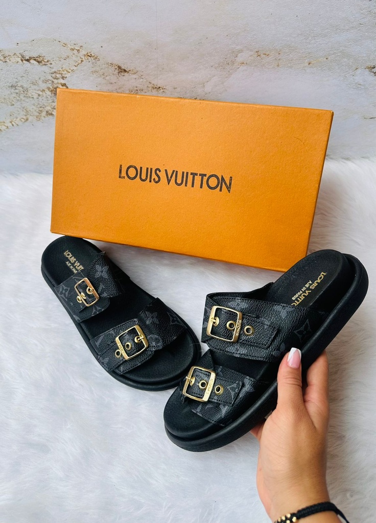  Sandalia Louis Vuitton Negro letras hebilla