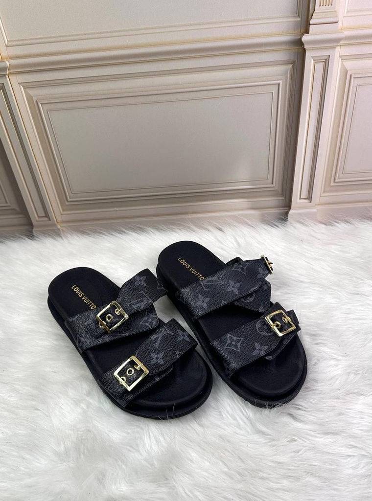 Sandalia Louis Vuitton Negro letras hebilla